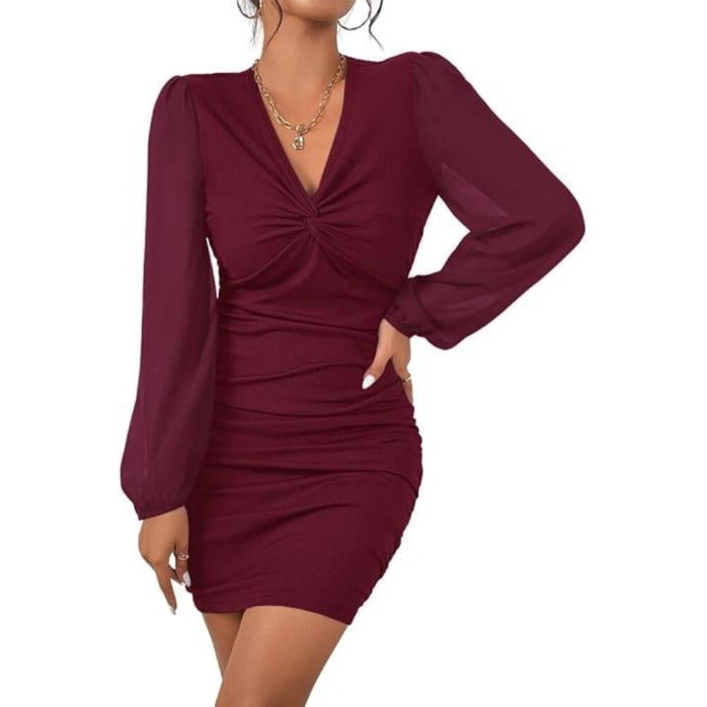 MSRP $38 Fisoew Women's XL Burgundy V Neck Party Dress Slim Fitted Long Sleeve